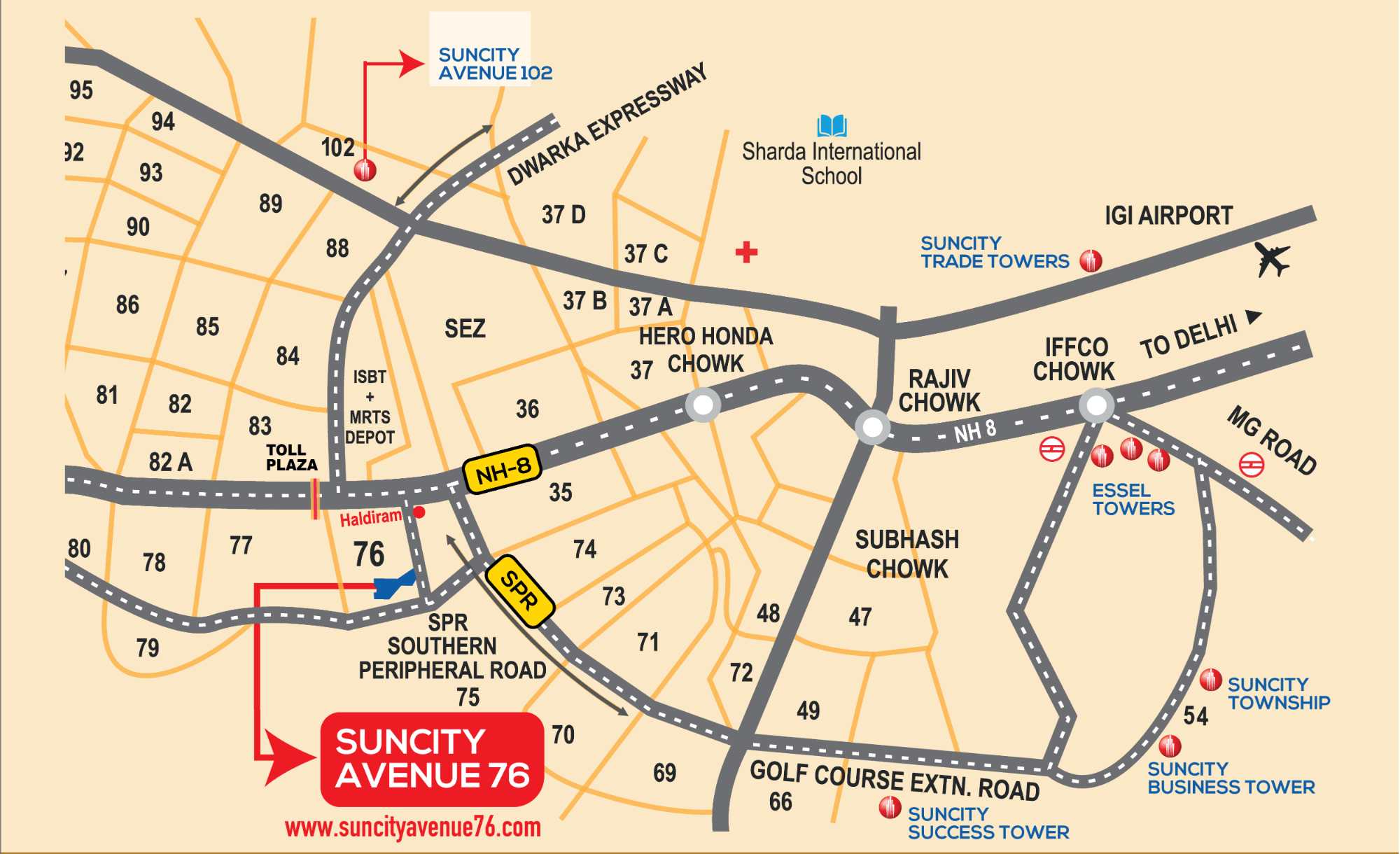 Suncity Avenue 76 Gurgaon location map